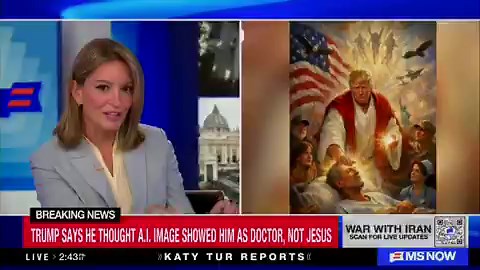 .@KatyTurNBC mocks Trump's explanation that he thought the picture of him as Jesus was him as a doctor:"I can see it more clearly. That is a doctor's coat, not a white robe. And those are his hands delivering antibiotic lotion, not golden beams of healing light. And those things above him, well, they're people he saved, not in the biblical sense, but in the made them better sense."