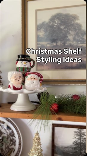 Dining room shelves- all ready for Christmas! . Some of you have asked for ideas for styling shelves for Christmas - incorporating in things you already have. . Here are some ideas of everyday items that work perfectly in Christmas displays, too: . •Pitchers, tea pots, sugar bowls •Books •Bowls •Coffee mugs, pretty glassware •Baskets with napkins inside •Pretty plates . Have fun creating your own cozy space by displaying things you love - that show your own unique story. . Lots of the items show