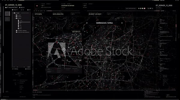 Spy gps tracking used by special forces to identify criminals position. Spy gps tracking system analysing the selected area. Spy position tracking software locating the target gps signal on a city map