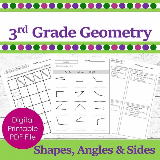 3rd Grade Geometry Worksheets: Shapes, Angles, Sides (printable PDF) - Etsy