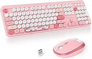 Fogruaden Wireless Keyboard and Mouse Combo, Pink Retro Typewriter Keyboard, 2.4GHz Full Size Round Keycap Cute Computer Keyboard with Number Pad, Pink Colorful Keyboard for Windows PC Laptop(Pink)