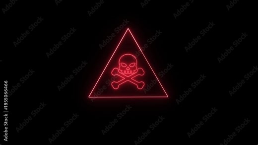 Neon Red Skull and Crossbones Symbol within a Triangle Warning Sign on animation Black Background. Futuristic animated red skull and crossbones symbol inside triangle on black forming a bold modern