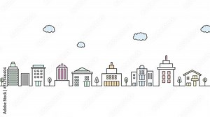 Animated video featuring a street driving loop with the city in the background. Illustrate townscape, sky, and city houses. product delivery animation.
