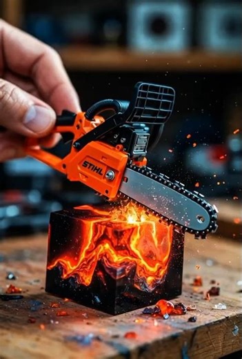 Satisfying Mini Chainsaw Cutting Hot Lava Block 🔥 | Tiny Woodworking Tool ASMR #shorts