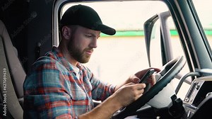 Professional trucker using truck gps navigation to transport and deliver goods to the destination. Transportation services.