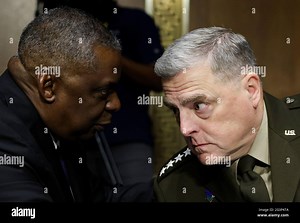 Washington, United States Of America. 17th June, 2021. United States Secretary of Defense Lloyd J. Austin III talks with United States Army General Mark A. Milley, Chairman of the Joint Chiefs of Staff, as they are seated to testify on the defense department's budget request during a US Senate Appropriations Committee hearing on Capitol Hill in Washington, U.S., June 17, 2021. Credit: Evelyn Hockstein/Pool via CNP Photo via Credit: Newscom/Alamy Live News Stock Photo - Alamy