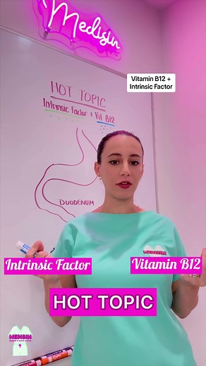🔥 HOT TOPIC: Vitamin B12 and Intrinsic Factor In order to properly absorb the Vitamin B12 we invest, our body needs to make the protein intrinsic factor! Intrinsic factor is made in the stomach, binds vitamin B12, and is absorbed into the blood in the ileum. If any part of this process fails, a person may develop Vitamin B12 deficiency, which can lead to megaloblastic macrocytic anemia! Do you have any questions? Scrubs: @workandchill_miami Embroidery: @experteesmia ➖ #medisin #medisinstyle #me