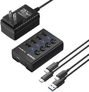 FIDECO Powered 4-Port USB Hub, USB 3.2 Gen 1 Data Hub with Independent On/Off Switch, USB Splitter with USB C to C Cable, USB A to C Cable and Power Adapter