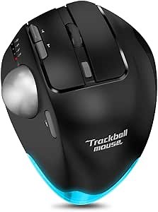 Wireless Ergonomic Trackball Mouse, Rechargeable, Bluetooth Rollerball Mouse, 44mm Index Finger Trackball, 5 Adjustable DPI, Compatible with Computer PC, Laptop, Mac and Windows Black