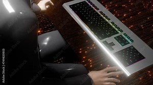 A sci-fi and futuristic computing scene as 3d modeling gaming like illuminated keyboard and a man of engineer waiting pose and the other some cinematic objects.