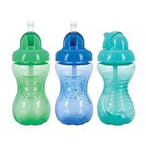 Nuby 3 Pack No Spill Flip it Soft Straw Toddler Sippy Cups - Toddler Cups Spill Proof with Easy and Firm Grip - Green, Blue, Aqua