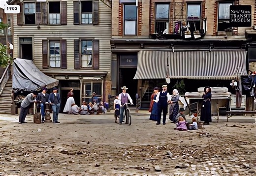 25K views · 325 reactions | 547 East 149th Street, Bronx, NY, 1903. Survey photograph of the street, taken as part of Contract 1, Section 9B subway construction. View of a dirt and cobblestone street, with men, children of all ages, and women with head scarves. A produce market and a furniture and home goods store are in the background. - New York Transit Museum article and photo, 1903, colorized and animated via alivemoment app | Fred Hadley | Facebook