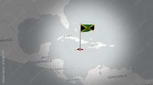 Jamaica map.Aerial Views of Jamaica's Flag Above the Map.