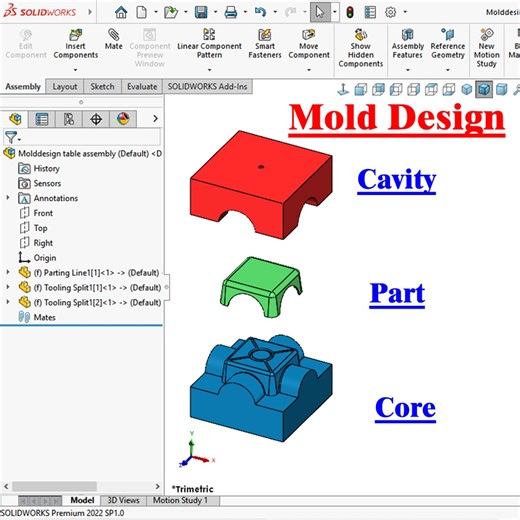 Craeting core cavity and part design with mold feature tools in solidworks #solidworksmold #solidworks_modeling #moldfeatures #corecavitydesing #cad #followme #malviyacad #newpost #viral | Malviya CAD Solution