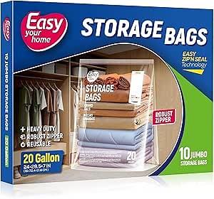 20 Gallon Jumbo Zipper Lock Storage Bags With Zip Top,24" x 28.5"+7",Reusable XXL Size Plastic Bag with Bottom for Food,Clothing,Travel,Moving,BPA-Free,3-Mil Thick