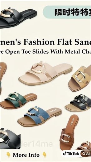 Women's Flat Sandals Fashion Square Open Toe Slides With Metal Chain
