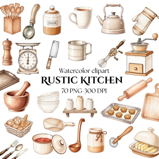 Rustic Kitchen Clipart Bundle Watercolor Farmhouse Kitchen PNG Cooking Baking Clipart Vintage Kitchen Graphics Commercial Use 70 PNG 300 DPI - Etsy