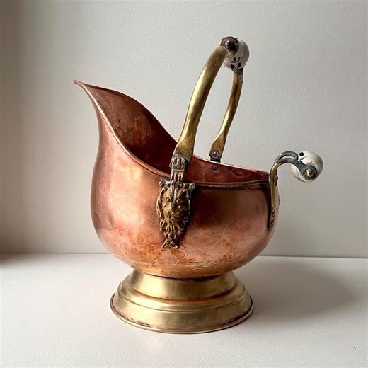 Vintage Brass and Copper Coal Scuttle Bucket, Blue and White Ceramic Handles, Antique Aesthetic Fireplace Ash Pail - Etsy