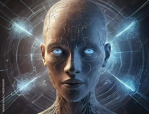 A humanoid (android)with vivid blue eyes- neural network,with electrical static type brain activity exudes
