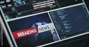 Modern dashboard with data overview and breaking news window on tablet screen monitor