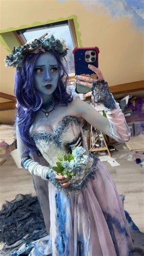 Rosie on Instagram: "My finished Corpse bride all ready for Halloween tomrow!! 🥰💙 Hi so this project has been a long time finishing 😂 between loosing her for three years and forgetting about her for the other I have finally gotten to putting on her full cosplay!! I know a lot of people have been asking about this dress and I knew I could not do my huge Halloween spooky season projects without making sure I finally got her done so last project but most certainly not least!! #corpsebride #corps