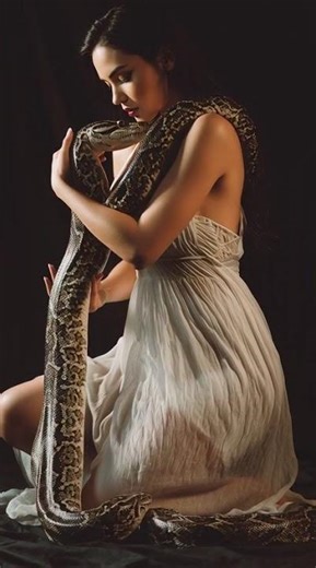 Full body beautiful woman caressing a large snake that is crawling on her body