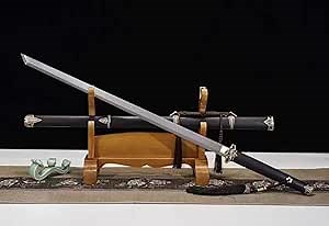 LOONGSWORD Chinese Sword Tang dao Swords-Handcrafted Damascus Steel Blade with Brass Fittings Black Wood Scabbard-Perfect for Ancient Samurai Style Enthusiasts