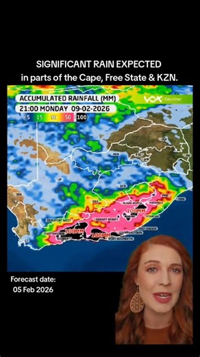 Vox Weather Update | 5-9 February 2026 🌧️ SIGNIFICANT RAIN ALERT 🌧️ Significant rainfall is likely the next few days for parts of the Cape provinces, Free State and KwaZulu-Natal. Some areas along the Garden Route, southern coast and Eastern Cape escarpment could see totals of 100mm or more, especially by Monday. ⚠️ Severe storm warnings remain in place for Thursday and Friday. Stay weather aware and keep safe. #VoxWeatherGirls #WeatherUpdate #Rain #SevereWeather #GardenRoute | Vox Weather