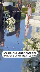 A spirited young flower girl finally got to expend some energy at the end of a wedding ceremony in Carlsbad, California, in early August, letting loose with a series of backflips down the aisle. Raina Elegado posted this video of her daughter to TikTok, and told Storyful her daughter is a competitive dancer, and for her exit decided to do a “bunch of flips.” In the video, people can be heard pumping Elegado’s daughter up before she takes off, performing three backflips down the reflective aisle.