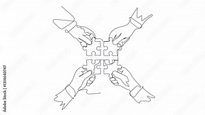 Hand-Drawn One-Line Animation of a Business Team Uniting Puzzle Pieces Together, Minimalist Line Art, Continuous Outline Drawing, Symbol of Team Building, Collaboration, and Problem-Solving.