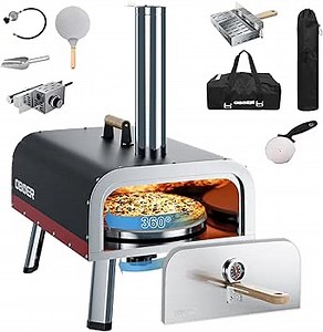 Pizza Oven Outdoor, 13" Multi-Fuel Rotatable Pizza Ovens, Portable Stainless Steel Wood Fired and Gas Pizza Oven, Pizza Maker with Built-in Thermometer, Pizza Cutter, Carry Bag