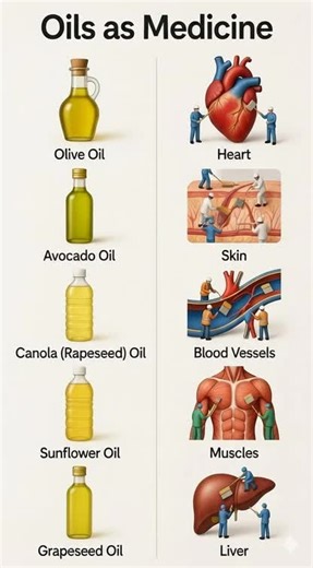 : A health infographic illustrating the therapeutic benefits of various oils for the human body. It lists five types of oils—Olive, Avocado, Canola (Rapeseed), Sunflower, and Grapeseed Oil—and connects them to five key organs or systems: the Heart, Skin, Blood Vessels, Muscles, and Liver #follow #comment #likе