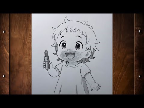 how to draw cute baby anime girl playing with lipstik