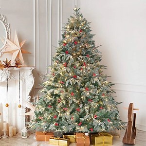 Jostyle Pre-Lit 7.5ft Artificial Christmas Tree, Feel Real Snow Flocked PE Tree 750 Clear Lights, Red Berries - Walmart.com