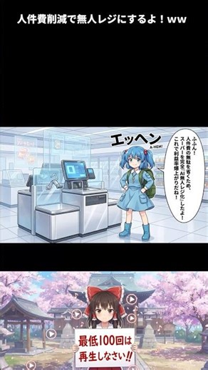 【東方AI漫画】【スカッと】にとり「人件費削減で無人レジにするよ！」→早苗＆霊夢に『無限ポイント増殖バグ』を突かれて河童のスーパーが破産する末路ｗｗ #Shorts