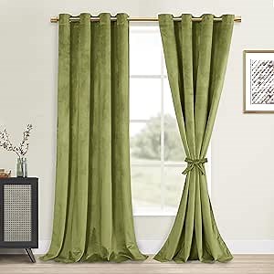 DWCN Moss Green Velvet Curtains 84 inches with Tiebacks - Elegant Sunlight Blocking Curtains for Living Room Thermal Insulated Window Shade Panels for Bedroom/Living Room, W52 x L84, 2 Panels