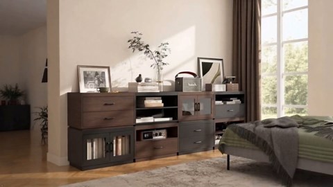 Stackable Storage Drawers,28" Wide Storage Bins w/ Drawers and Compartment for Closet Organizers, Wood Stackable Closet Organizer Modern Large Stackable Storage Units for Living Room Hallway, Black