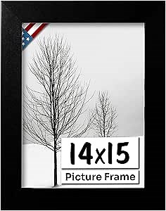 Flat Black 14x15 Picture Frame - Handmade American Flat 1" Wide Engineered Wood Frame for Wall Décor with Preinstalled Hangers and UV Blocking Plexiglass, 14x15 Frame