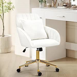 Home Office Desk Chair Comfy with Adjustable Swivel Wheels, Modern Velvet Makeup Vanity Chair with Back & Pillow, Ergonomic Office Chair Computer Task Chair for Living Room, Bedroom, White