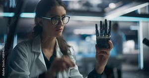 Young Scientist Working on a Bionic Robot Hand for People with Health Conditions or Impairments. Female Engineer Using a Screwdriver to Work on Humanoid AI Robot Component at a Startup Company