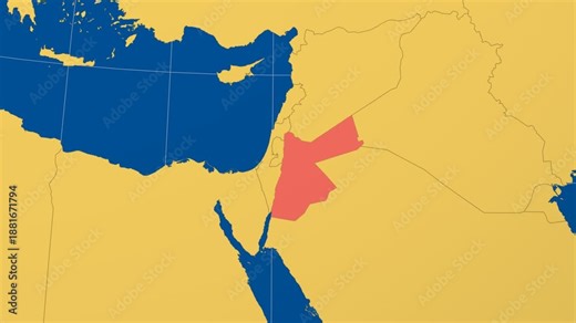 Jordan on Globe. Animated zoom into the country in Ocean Blue Golden Yellow color palette. Jordan logo animation. Map with meridians, parallels. Captivating video.