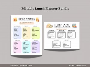 School Lunch Meal Planner Printable, Editable Lunch Menu Kids, Weekly Menu Planner Chart, Kids Lunch Planner, Healthy School Lunch Ideas - Etsy