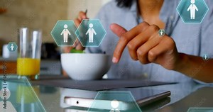 Animation of multiple profile icons floating against mid section of a woman using smartphone at home