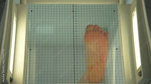 The patient stands on a special apparatus for determining flat feet. the orthopedic surgeon evaluates the load distribution of the feet. Determination of the type of flat feet. Determination of the