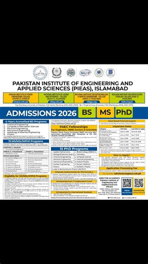 ✅Pakistan Institute of Engineering & Applied Sciences (PIEAS), Islamabad ✅BS, MS & PhD Admissions 2026 Sector: Govt ✅BS Admission Test 1 Deadline to Apply: 05 March, 2026 | Test Date: 12 April, 2026 BS Admission Test 2 ✅Deadline to Apply: 11 May, 2026 | Test Date: 14 June, 2026 BS Admission Test 3 ✅Deadline to Apply: 22 June, 2026 | Test Date: 12 July, 2026 MS Admission Test ✅Deadline to Apply: 05 March, 2026 | Test Date: 11 April, 2026 MPhil & PhD Admission Test ✅Deadline to Apply: 11 May, 2026