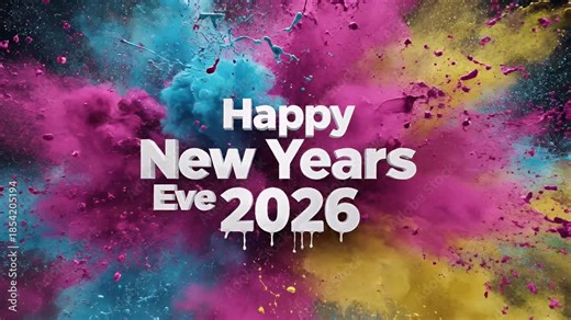 Happy New Year's Eve 2026 Colorful Explosion - A vibrant video bursts with color as pink, yellow, and blue explode outwards in a dynamic display.