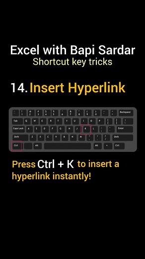 Press Ctrl K to insert a hyperlink instantly! 🔗✨ The fastest way to link your text in Word or Excel — no need to search menus! ⌨️🚀 Try it now and save time like a pro! 👉 Shortcut: Ctrl K 👉 Use it for: Links to websites, files, emails & more! #HyperlinkShortcut #CtrlK #MicrosoftWord #ExcelTips #OfficeHacks #ProductivityTips #WordTricks #ExcelShortcut #KeyboardShortcuts #TechHacks #LearnSomethingNew #DailyTips #ViralTricks | learn Excel with Bapi Sardar