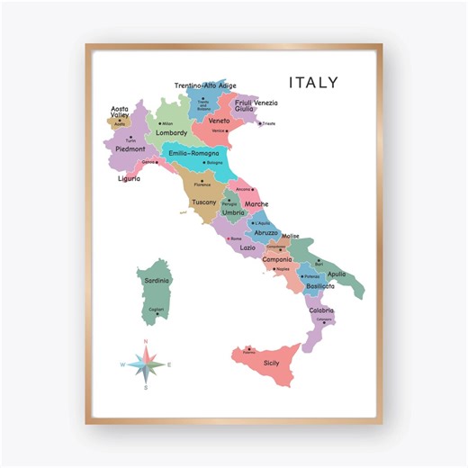 Italy Map With Regions and Capital Cities, Educational Geography Poster for Kids Classroom, Printable Italy Country Map for Homeschool - Etsy