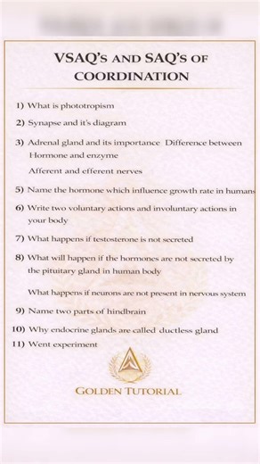 VSAQ'S AND SAQ'S OF COORDINATION OF CLASS 10TH BIOLOGY| Golden tutorial
