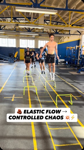 Body by G on Instagram: "🧱 ELASTIC FLOW → CONTROLLED CHAOS 💥⚡️ 🧪 This sequence blends pogo stiffness, lateral redirection, and rapid re-organization before finishing with a clean vertical expression. It’s not about jumping high early — it’s about staying reactive, balanced, and efficient through repeated contacts. 🫡 🧬 Teaches the body how to store → release → redirect force while staying coordinated under speed. This is the foundation behind cutting, reacting, second jumps, late-game explos